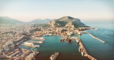 Stunning aerial view of Palermo's harbor with Monte Pellegrino in Sicily, Italy, under daylight.