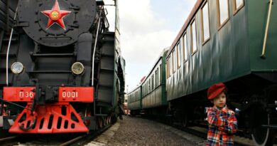 A child in a red hat stands by vintage trains on a railway track, showcasing travel history.