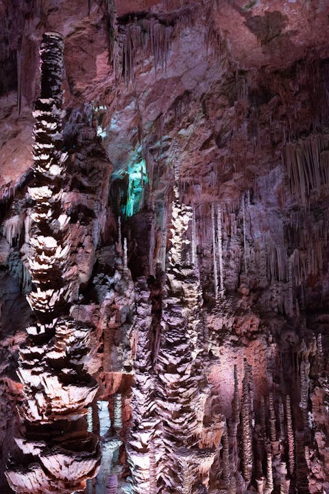 Beautiful view of Aven Armand cave's intricate stalagmites in Meyrueis, France.