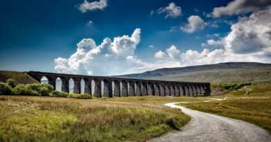 Breathtaking view of the Ribblehead Viaduct with a dramatic sky in North Yorkshire, England.