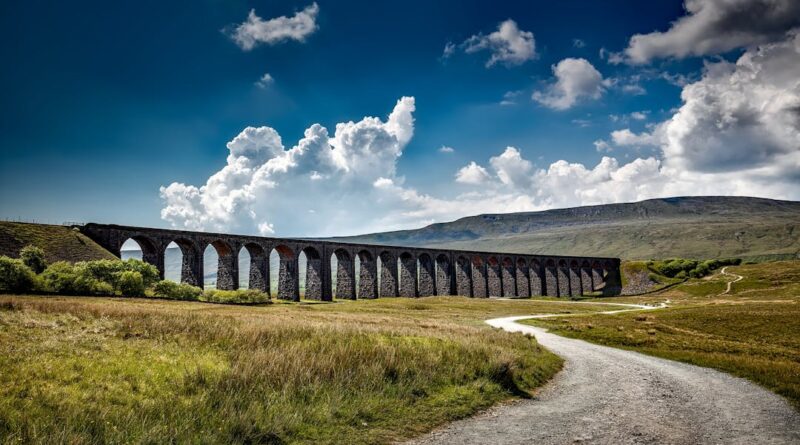 Breathtaking view of the Ribblehead Viaduct with a dramatic sky in North Yorkshire, England.