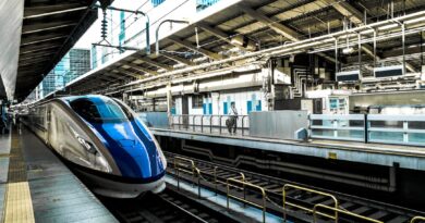 Sleek bullet train at a busy city station, epitomizing speed and modern transportation.