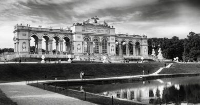 Black and white image of the Gloriette at Schönbrunn Palace, Vienna, reflecting classical architecture.