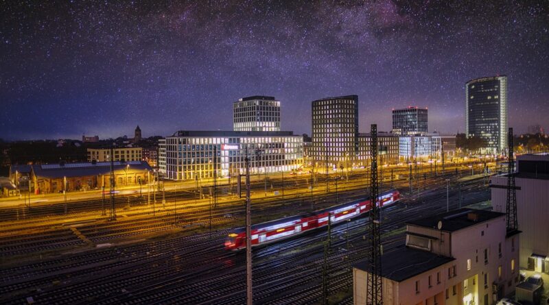 buildings, skyscrapers, train, nature, transport, city, skyline, night, sky, starry sky, night sky, milky way, traffic, lighting, mannheim, germany, train, train, train, train, train, mannheim, mannheim