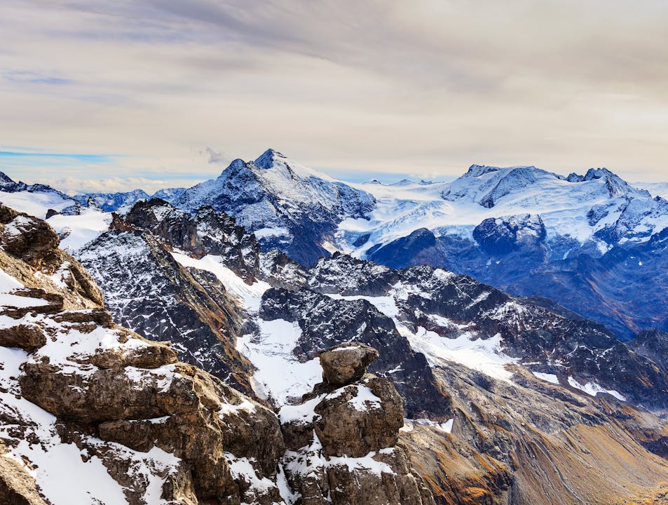 Stunning view of snow-covered mountain peaks in Engelberg, Switzerland.