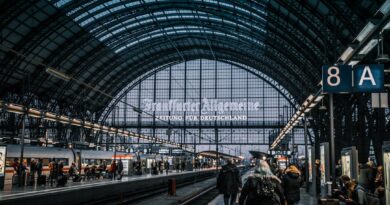 Interior view of Frankfurt Hauptbahnhof with trains and commuters.