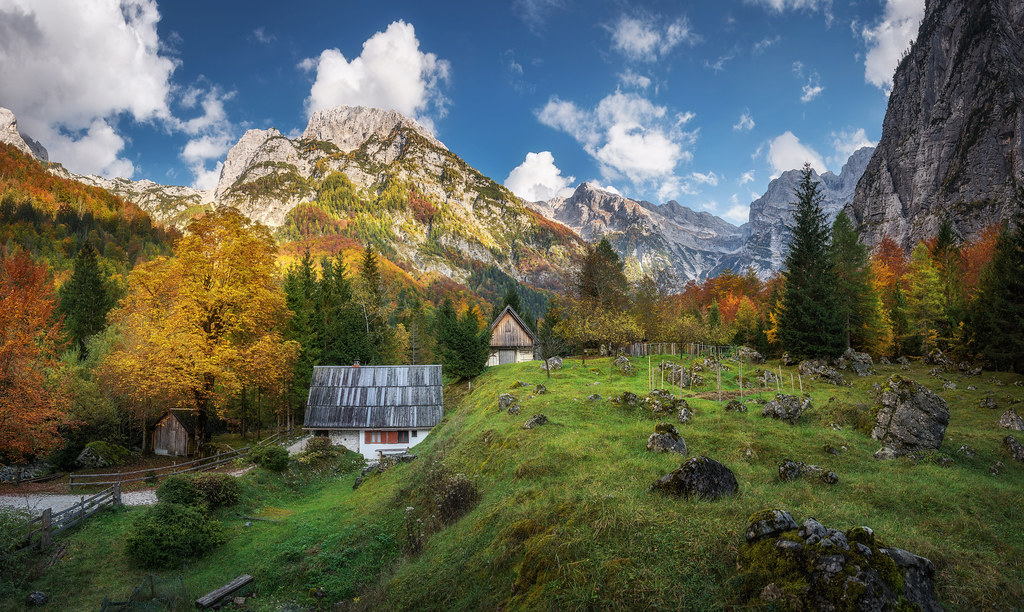 Autumn in Trenta valley in the mountains of Julian Alps