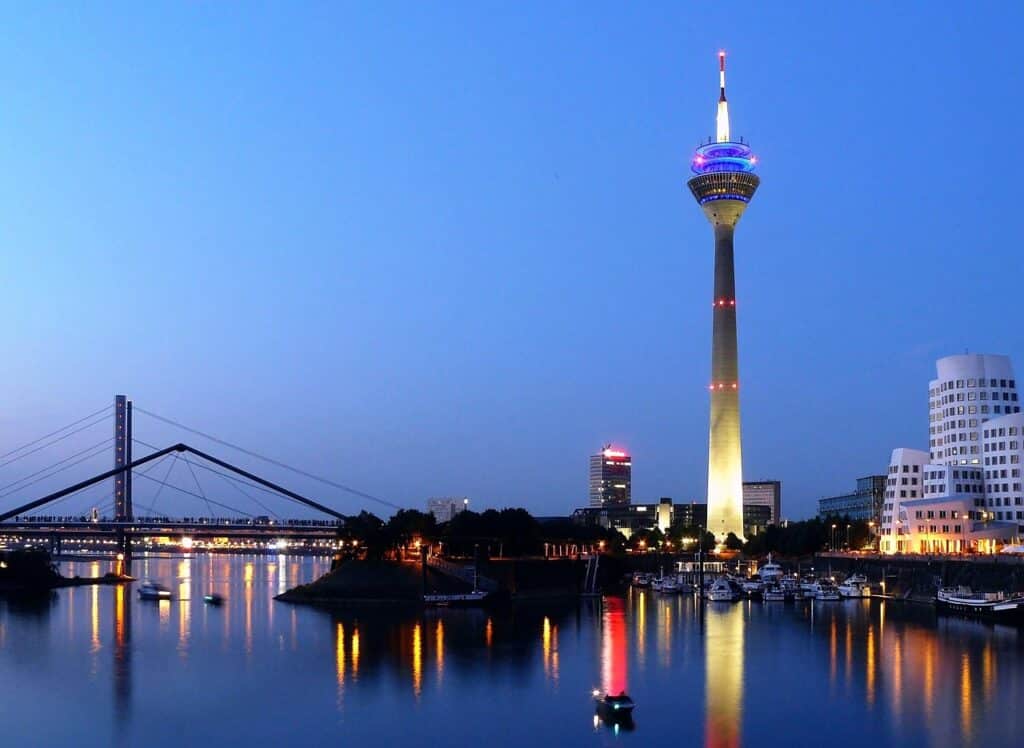 dusseldorf, media harbour, germany, rhine, television tower, architecture of gehry skyscrapers, building, bridge, flow, architecture, city, night view, lights, city lighting, borough, harbor area, reflections, evening light, lzb, heaven, sky blue, blue, to dye, dusseldorf, dusseldorf, dusseldorf, dusseldorf, dusseldorf